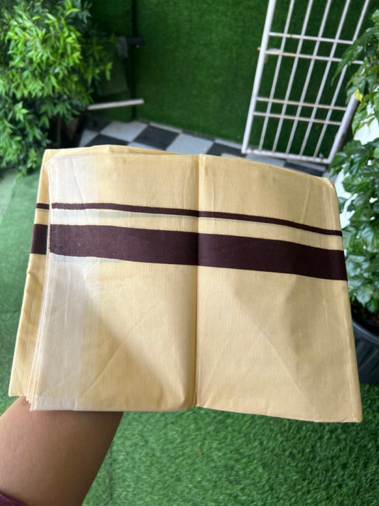Kannur Yellow Dhoti - 20% Discount! KaithariKada Balaramapuram  Double Mundu/Dhoti - Pure Cotton - 80x90 - Kannur Yellow colour Body 1.25 Inch Dark Brown kara - 4 mtr - 3 KK5281 GAN