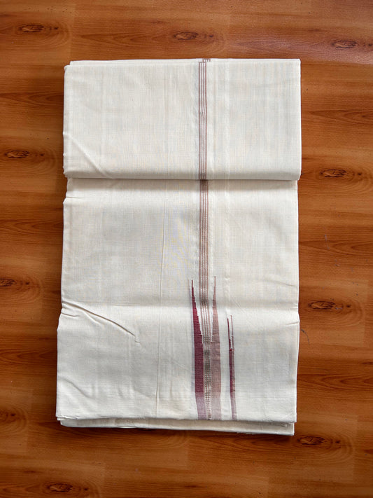 Off White (Unbleached) Double Mundu/Dhoti - 25% Discount!! Unakkupaav Kerala Handloom 100% Pure Cotton - 100X80 - 1 inch Puliyilakkara Silver Kasav Maroon & Sand Brown Stripes Double Chutty 4 mtr (8.5 Muzham) - 18 KK5538 REA