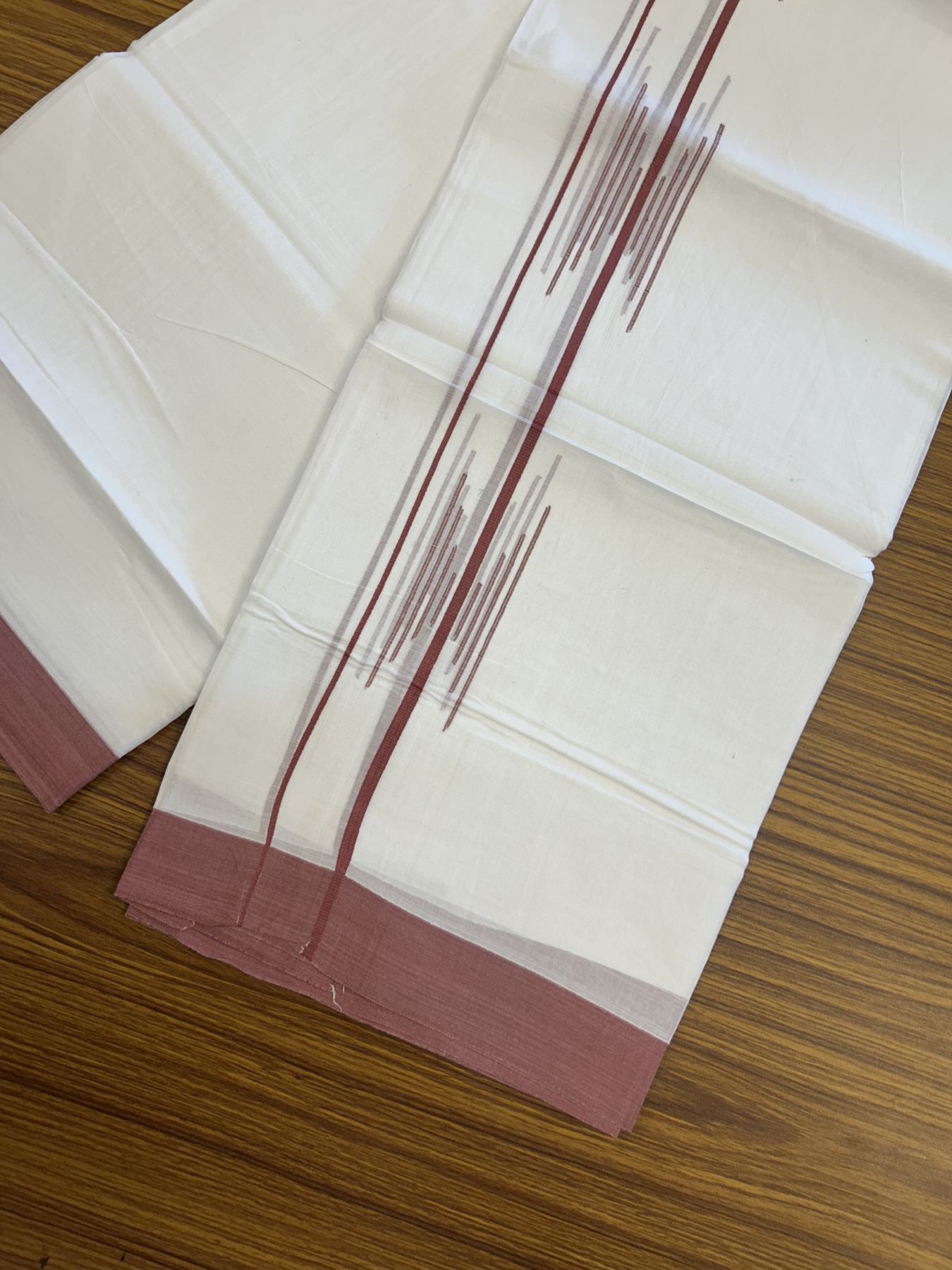 20% Discount ! Kaitharikada Balaramapuram 100% Cotton Pure White Double Mundu/Dothi - 100x80 - 1.5 inch Dusty Rose Stripes Design Kara 3.80 mtr (8 muzham) - 10 KK5319 THI