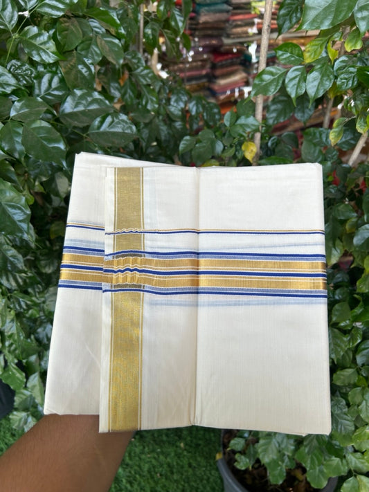 20% Discount! KaithariKada Balaramapuram 100% Cotton Double Off White - (Unbleached) Mundu/Dhoti - 80x80 - 1.5 inch Kasavu & Blue stripes kara - 4 mtrs - 23 KK5281 GAN