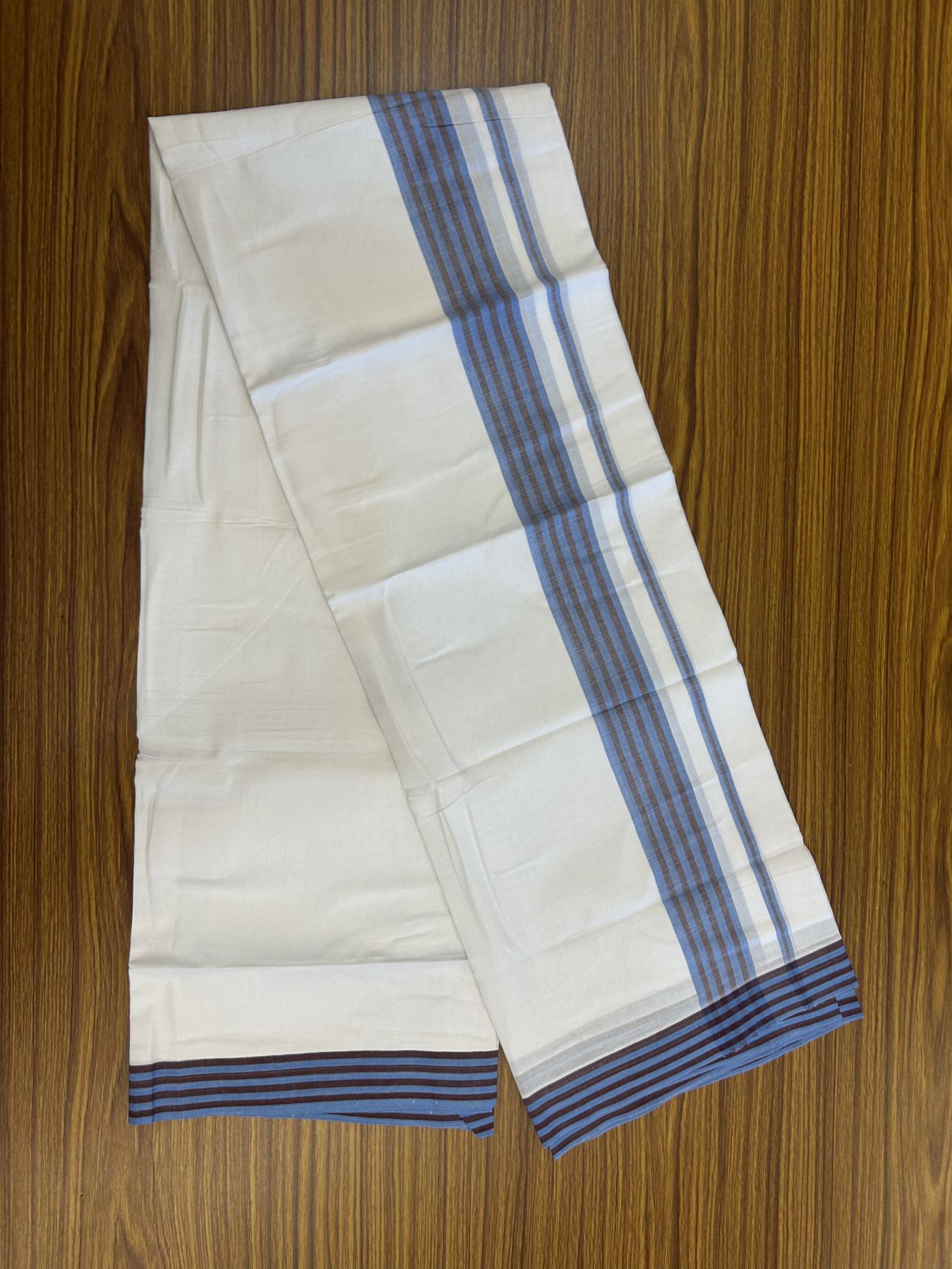 20% Discount ! Kaitharikada Balaramapuram 100% Cotton Pure White Double Mundu/Dothi - 100x80 - 1.25 inch Blue & Brown Shaded Striped Kara 3.80 mtr (8 muzham) - 7 KK5319 THI