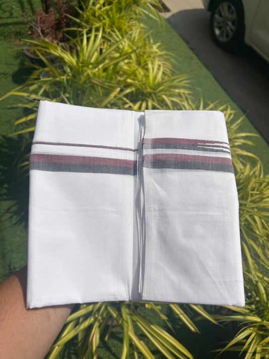 DMK Veshti SHORT DHOTI SPECIAL! 25% Discount !! KaithariKada Balaramapuram PURE WHITE - Mundu/Dhoti - 100X100 - 1 inch kara & 49 inch Height Puliyilakkara Maroon & Black Chutty Kara 3.58 meters - 8KK5127ASH