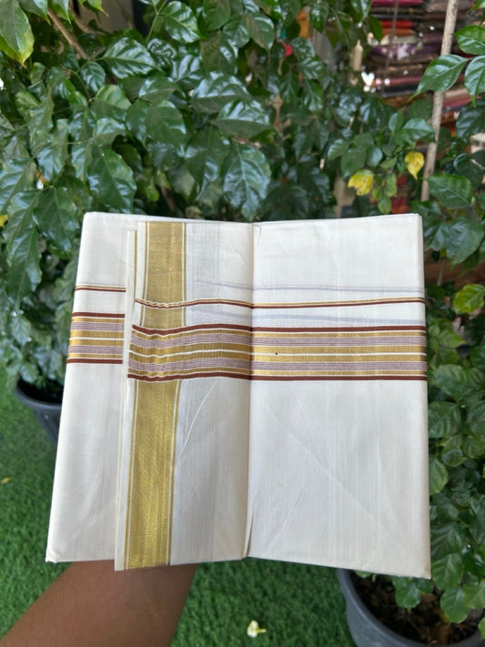 20% Discount! KaithariKada Balaramapuram 100% Cotton Double Off White - (Unbleached) Mundu/Dhoti - 80x80 - 1.5 inch Kasavu & Brown stripes kara - 4 mtrs - 22 KK5281 GAN