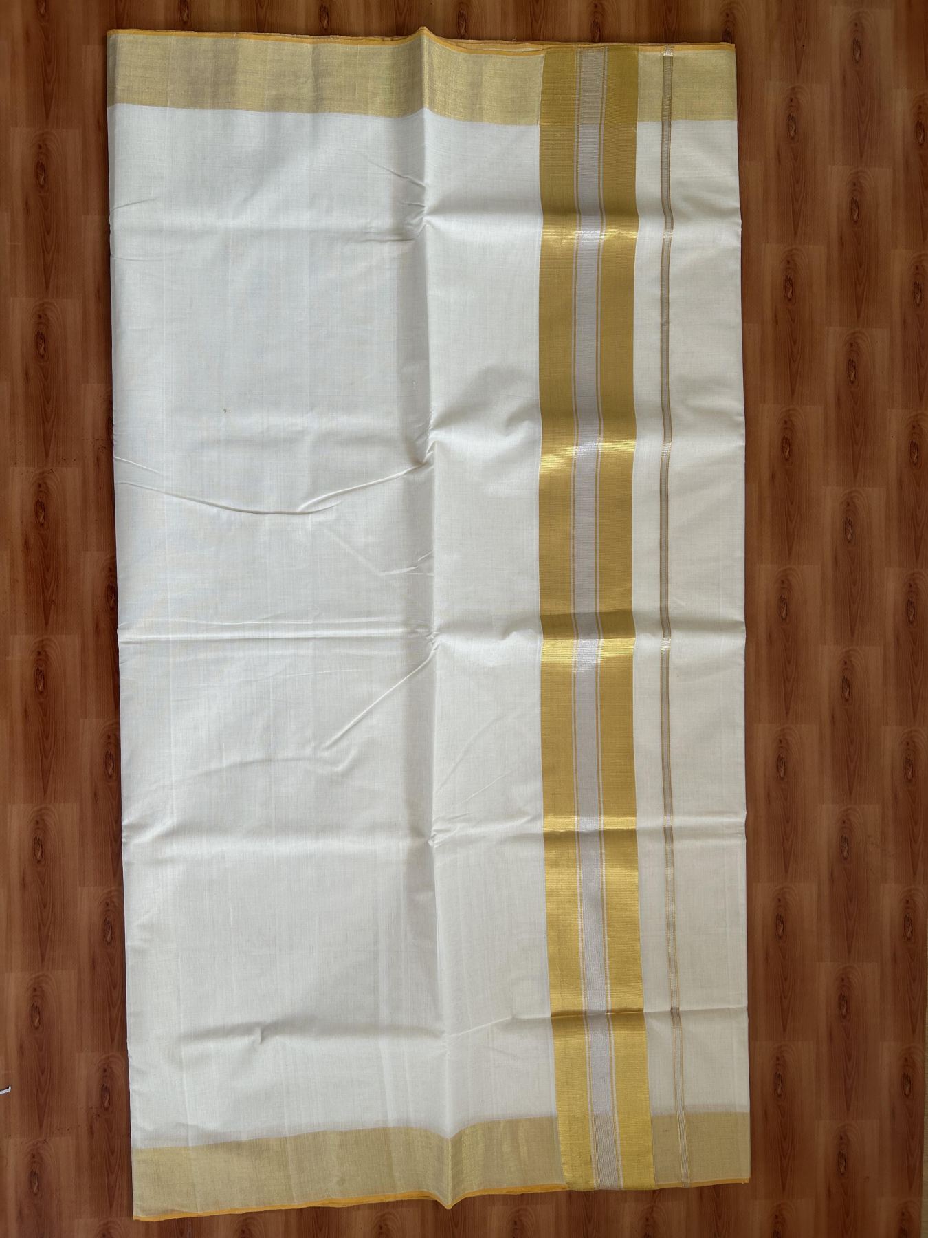 Kerala Saree for Women - 25% Discount KaithariKada Handloom Millpaav Balaramapuram - 100% Pure Cotton - 4 inch Gold & Silver Kasav striped Kara - 17 KK7158 RAV