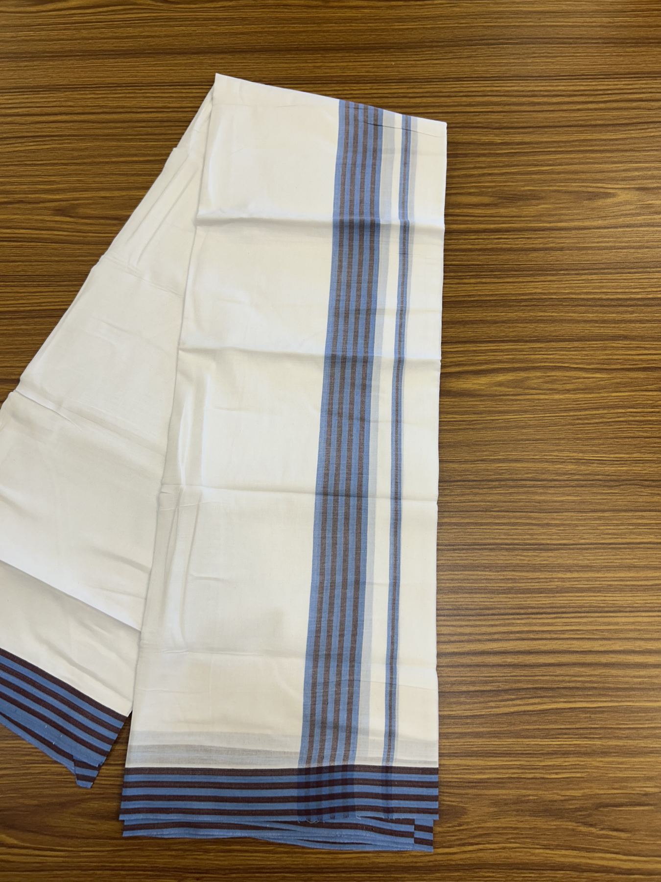 20% Discount ! Kaitharikada Balaramapuram 100% Cotton Pure White Double Mundu/Dothi - 100x80 - 1.25 inch Blue & Brown Shaded Striped Kara 3.80 mtr (8 muzham) - 7 KK5319 THI