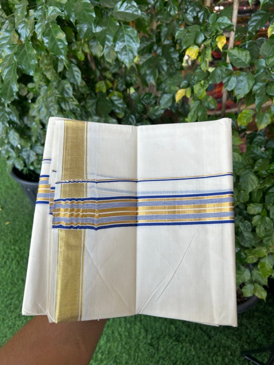 20% Discount! KaithariKada Balaramapuram 100% Cotton Double Off White - (Unbleached) Mundu/Dhoti - 80x80 - 1.5 inch Kasavu & Blue stripes kara - 4 mtrs - 21 KK5281 GAN