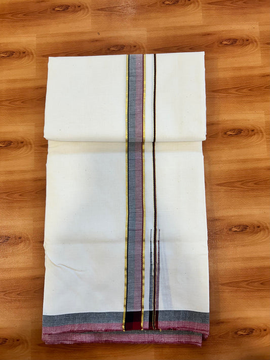 Signature Kaitharikada Exclusive Single Dhoti - 100% Cotton Kerala Handloom Single Mundu/Dhoti - Off White - (Unbleached) 1 Inch Gold Kasav Maroon & Black Shaded Chutty Kara (1.84 meters / 3.94 muzham) - 6 KK5464 KAI