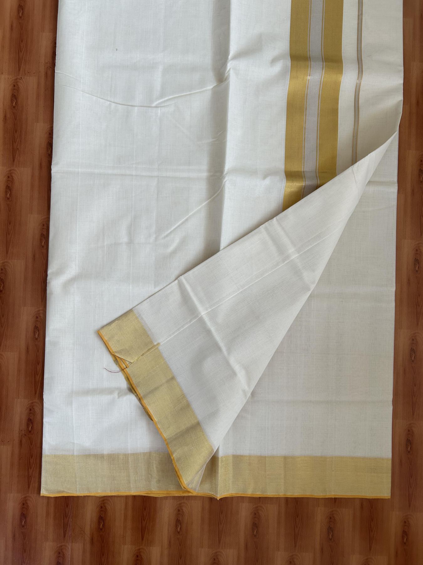 Kerala Saree for Women - 25% Discount KaithariKada Handloom Millpaav Balaramapuram - 100% Pure Cotton - 4 inch Gold & Silver Kasav striped Kara - 17 KK7158 RAV