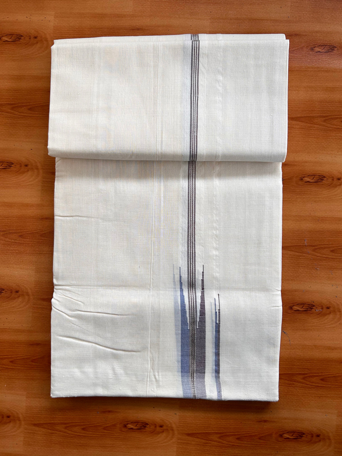 Off White (Unbleached) Double Mundu/Dhoti - 25% Discount!! Unakkupaav Kerala Handloom 100% Pure Cotton - 100X80 - 1 inch Puliyilakkara Silver Kasav Coffee Brown & Blue Stripes Double Chutty 4 mtr (8.5 Muzham) - 19 KK5538 REA