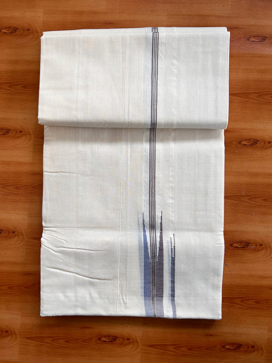 Off White (Unbleached) Double Mundu/Dhoti - 25% Discount!! Unakkupaav Kerala Handloom 100% Pure Cotton - 100X80 - 1 inch Puliyilakkara Silver Kasav Coffee Brown & Blue Stripes Double Chutty 4 mtr (8.5 Muzham) - 19 KK5538 REA