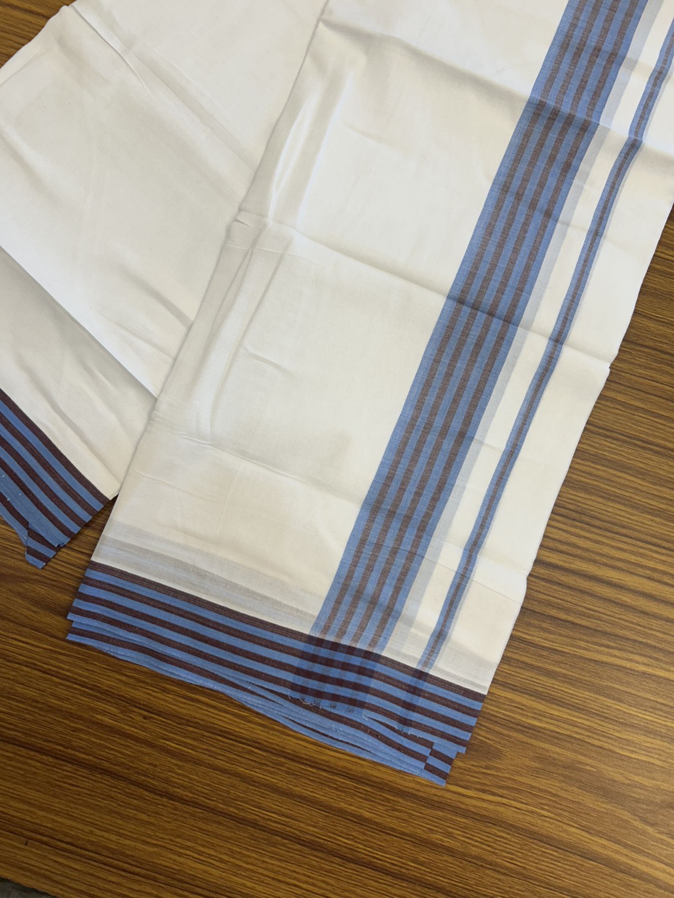 20% Discount ! Kaitharikada Balaramapuram 100% Cotton Pure White Double Mundu/Dothi - 100x80 - 1.25 inch Blue & Brown Shaded Striped Kara 3.80 mtr (8 muzham) - 7 KK5319 THI