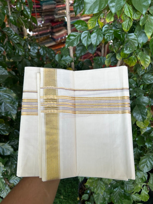 20% Discount! KaithariKada Balaramapuram 100% Cotton Double Off White - (Unbleached) Mundu/Dhoti - 80x80 - 1.5 inch Kasavu & Brown shaded stripes kara - 4 mtrs - 26 KK5281 GAN