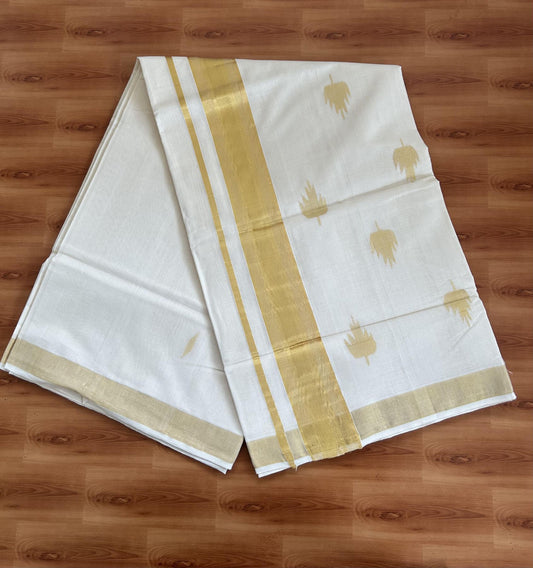 Kerala Saree for Women - 25% Discount KaithariKada Handloom Millpaav Balaramapuram - 100% Pure Cotton - 2.75 inch Gold Kasav Kara & Leaf Design - 3 KK7158 RAV