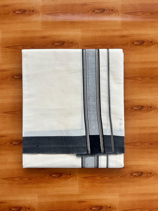 Short Dhoti Special - Off White (Unbleached) Single Mundu / Dhoti - KaithariKada Pure Cotton - 70x30 - 45 inch Height 1.80 m Length - 1.25 inch Black shaded silver striped kara - 1 KK5494 PMC
