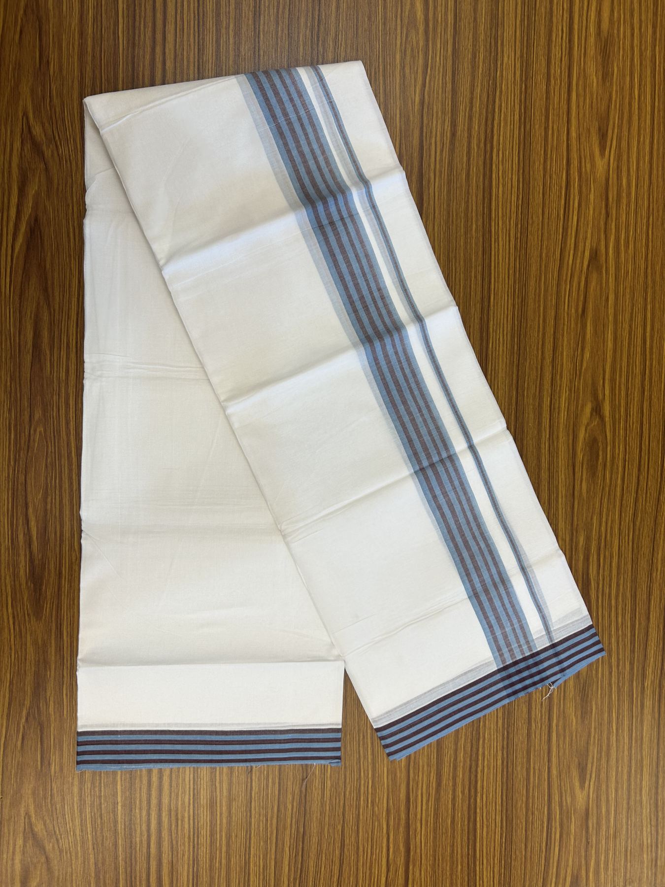 20% Discount ! Kaitharikada Balaramapuram 100% Cotton Pure White Double Mundu/Dothi - 100x80 - 1.25 inch Light Blue & Brown Shaded Striped Kara 3.80 mtr (8 muzham) - 8 KK5319 THI
