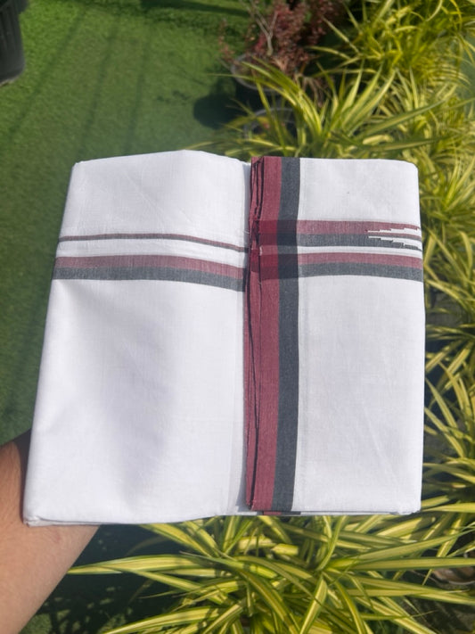 DMK Veshti - 25% Discount !! KaithariKada Balaramapuram Double PURE WHITE Mundu/Dhoti - 100X100 - 0.75 inch Puliyilakkara Maroon & Black Chutty Kara  - 9KK5127ASH