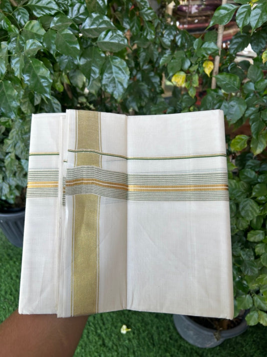 20% Discount! KaithariKada Balaramapuram 100% Cotton Double Off White - (Unbleached) Mundu/Dhoti - 80x80 - 1.5 inch Kasavu & Green stripes kara - 4 mtrs - 27 KK5281 GAN