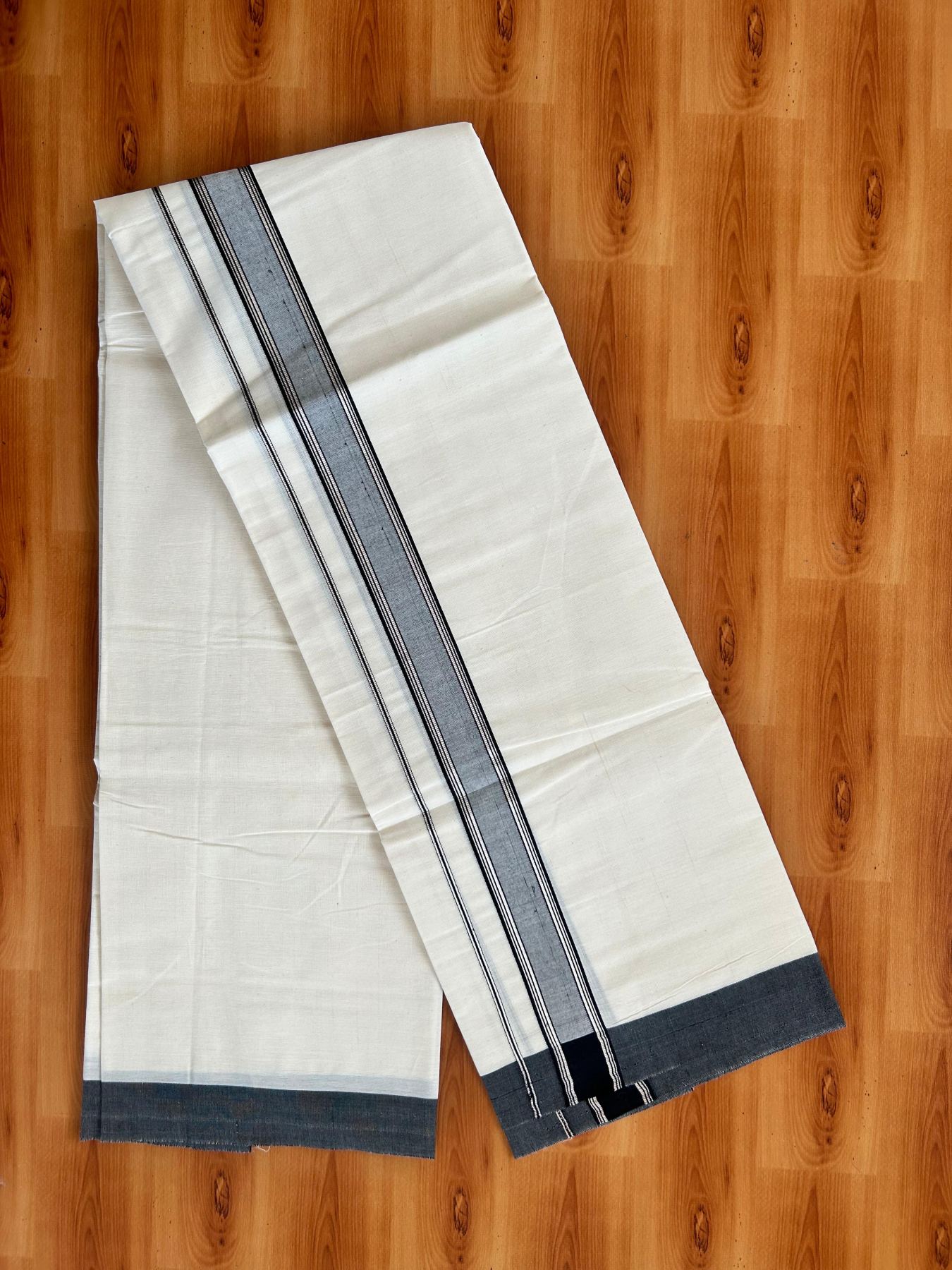 Short Dhoti Special - Off White (Unbleached) Single Mundu / Dhoti - KaithariKada Pure Cotton - 70x30 - 45 inch Height 1.80 m Length - 1.25 inch Black shaded silver striped kara - 1 KK5494 PMC