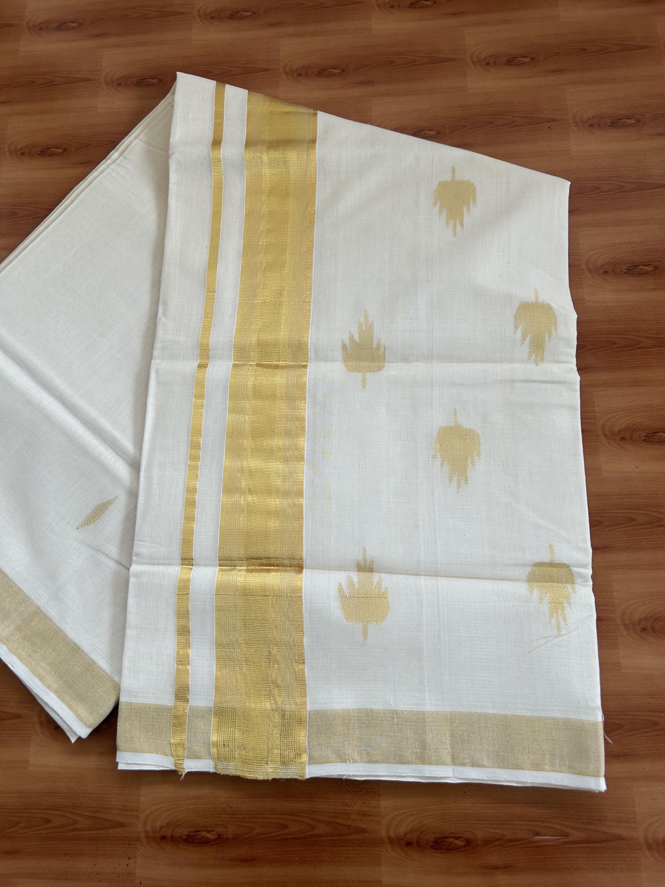 Kerala Saree for Women - 25% Discount KaithariKada Handloom Millpaav Balaramapuram - 100% Pure Cotton - 2.75 inch Gold Kasav Kara & Leaf Design - 3 KK7158 RAV
