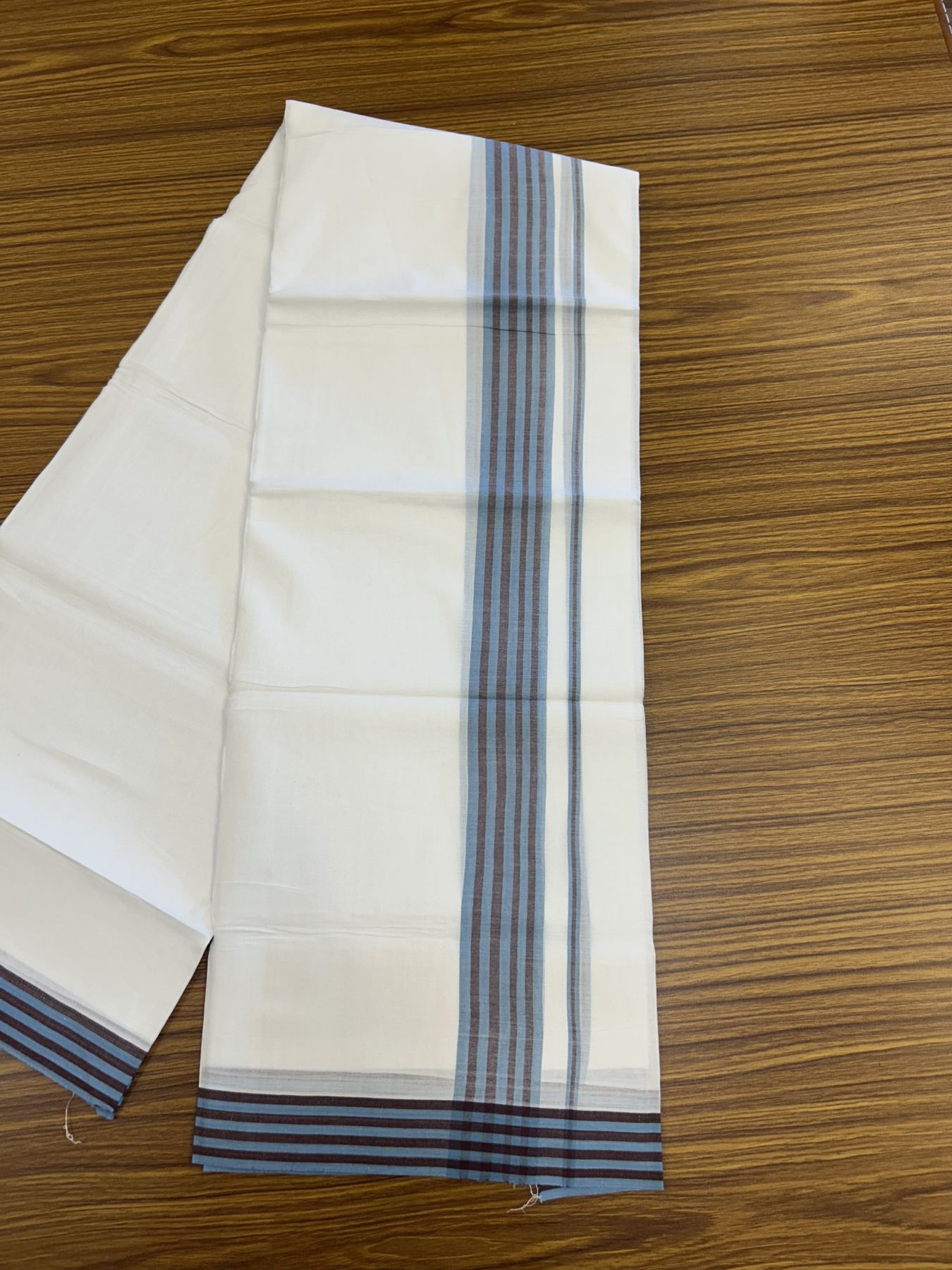 20% Discount ! Kaitharikada Balaramapuram 100% Cotton Pure White Double Mundu/Dothi - 100x80 - 1.25 inch Light Blue & Brown Shaded Striped Kara 3.80 mtr (8 muzham) - 8 KK5319 THI