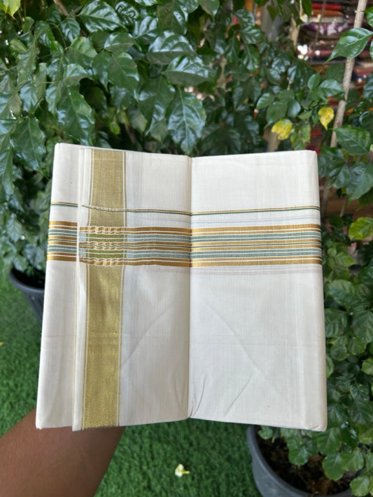 20% Discount! KaithariKada Balaramapuram 100% Cotton Double Off White - (Unbleached) Mundu/Dhoti - 80x80 - 1.5 inch Kasavu & Green shaded stripes kara - 4 mtrs - 25 KK5281 GAN