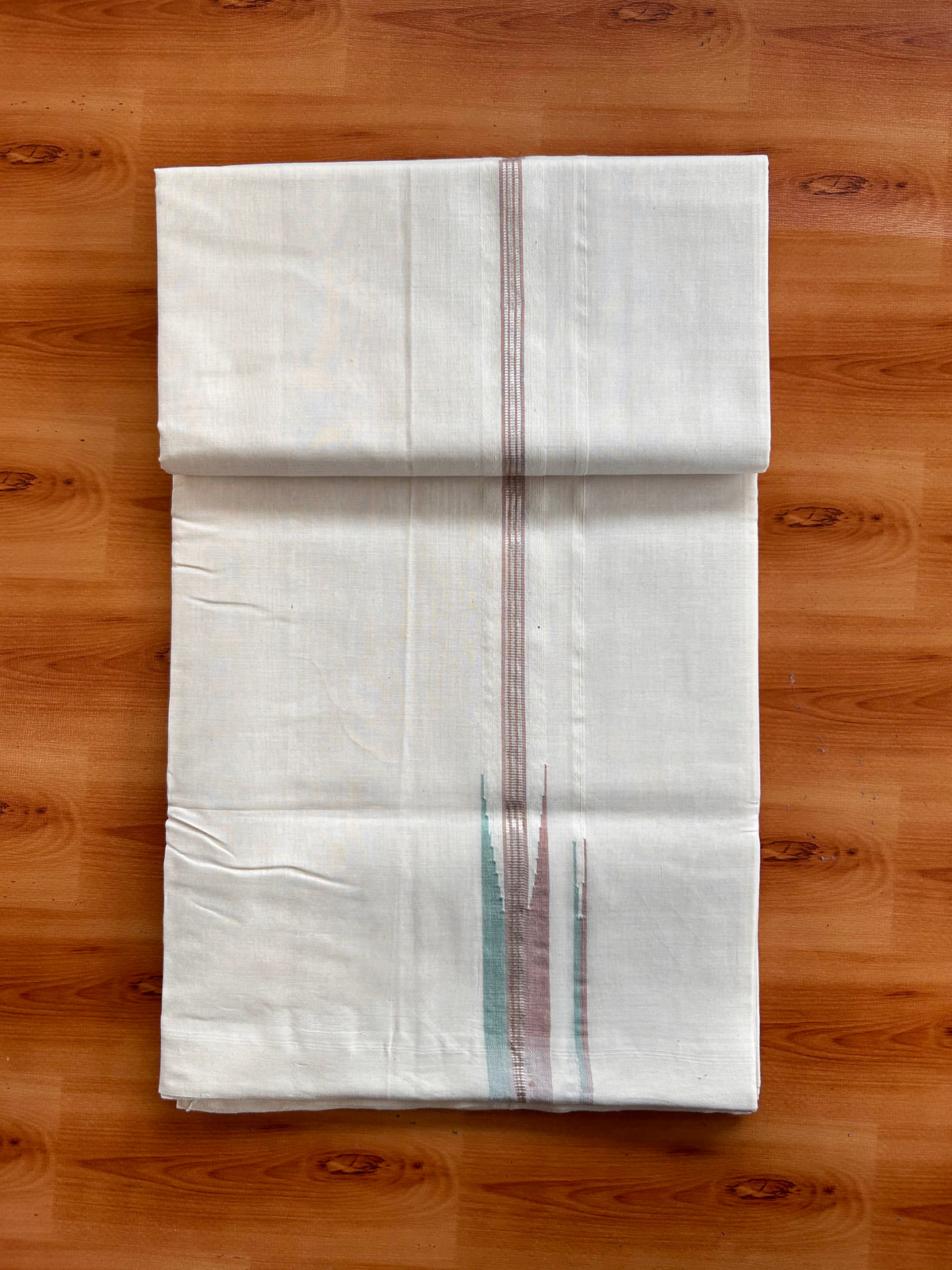 Off White (Unbleached) Double Mundu/Dhoti - 25% Discount!! Unakkupaav Kerala Handloom 100% Pure Cotton - 100X80 - 1 inch Puliyilakkara Silver Kasav Pestel Brown & Sea Form Green Stripes Double Chutty 4 mtr (8.5 Muzham) - 23 KK5538 REA