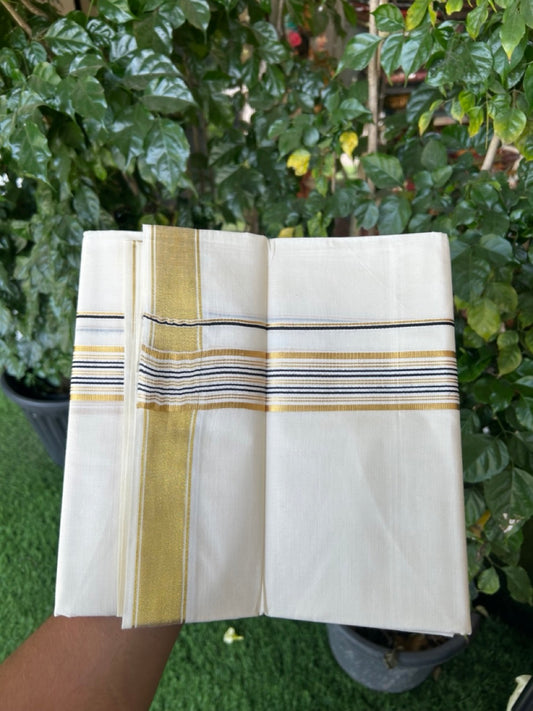 20% Discount! KaithariKada Balaramapuram 100% Cotton Double Off White - (Unbleached) Mundu/Dhoti - 80x80 - 1.5 inch Kasavu & Black stripes kara - 4 mtrs - 28 KK5281 GAN