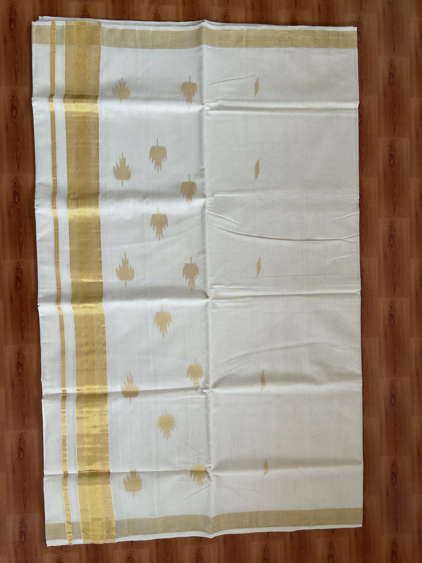 Kerala Saree for Women - 25% Discount KaithariKada Handloom Millpaav Balaramapuram - 100% Pure Cotton - 2.75 inch Gold Kasav Kara & Leaf Design - 3 KK7158 RAV