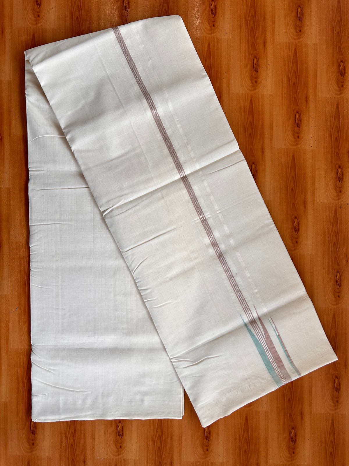 Off White (Unbleached) Double Mundu/Dhoti - 25% Discount!! Unakkupaav Kerala Handloom 100% Pure Cotton - 100X80 - 1 inch Puliyilakkara Silver Kasav Pestel Brown & Sea Form Green Stripes Double Chutty 4 mtr (8.5 Muzham) - 23 KK5538 REA