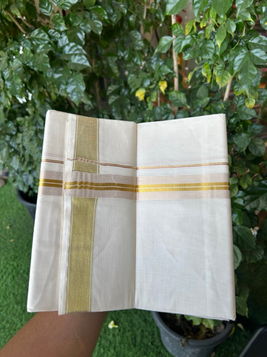 20% Discount! KaithariKada Balaramapuram 100% Cotton Double Off White - (Unbleached) Mundu/Dhoti - 80x80 - 1.5 inch Kasavu & Copper kasavu stripes kara - 4 mtrs - 29 KK5281 GAN