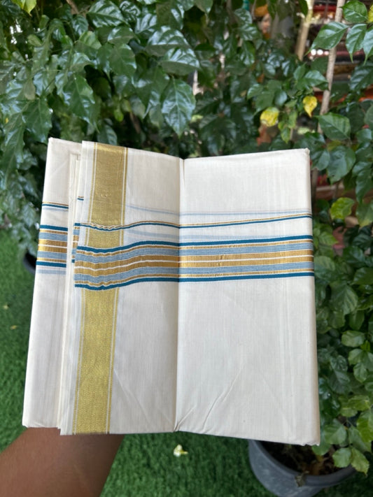 20% Discount! KaithariKada Balaramapuram 100% Cotton Double Off White - (Unbleached) Mundu/Dhoti - 80x80 - 1.5 inch Kasavu & Peacock Blue stripes kara - 4 mtrs - 24 KK5281 GAN
