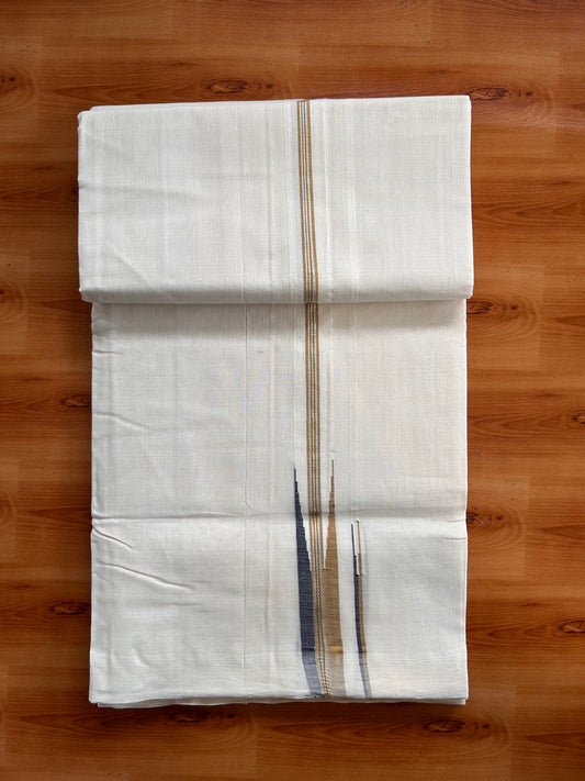 Off White (Unbleached) Double Mundu/Dhoti - 25% Discount!! Unakkupaav Kerala Handloom 100% Pure Cotton - 100X80 - 1 inch Puliyilakkara Silver Kasav Mustrad Brown & Black Stripes Double Chutty 4 mtr (8.5 Muzham) - 20 KK5538 REA