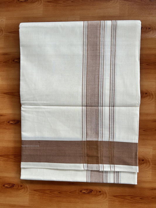 Double Off White (Unbleached) Mundu/Dhoti - 20% Discount! Kaitharikada Pure Cotton -100x80 - 1.75 Inch Silver Kasav & Light Brown Shaded Kara 4 mtr (8.5 muzham) - 103 KK5460 PMC