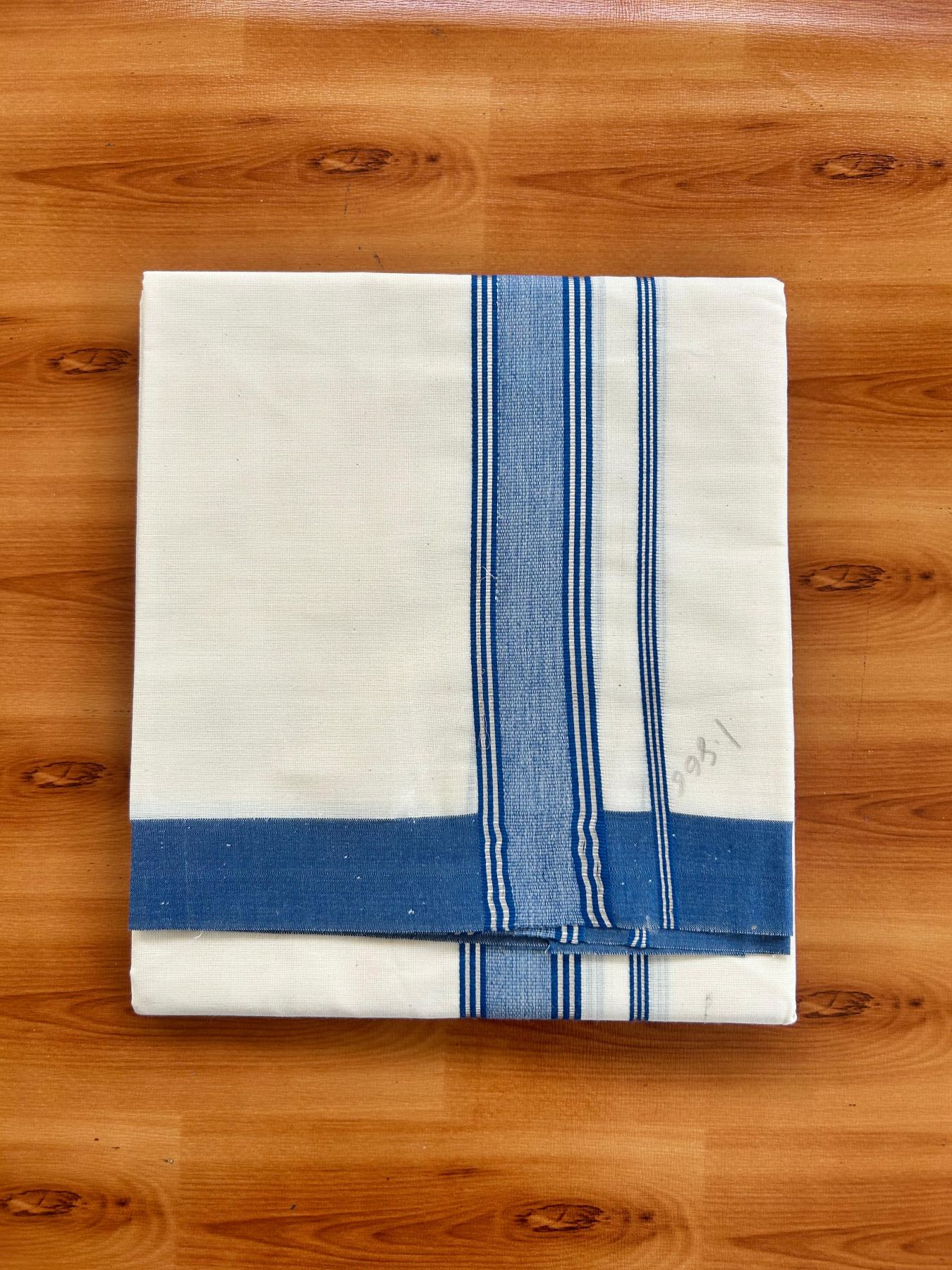Short Dhoti Special - Off White (Unbleached) Single Mundu / Dhoti - KaithariKada Pure Cotton - 70x30 - 45 inch Height 1.80 m Length - 1.25 inch Blue shaded Silver striped kara - 5 KK5494 PMC