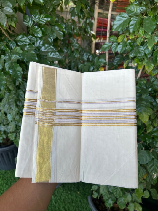 20% Discount! KaithariKada Balaramapuram 100% Cotton Double Off White - (Unbleached) Mundu/Dhoti - 80x80 - 1.5 inch Kasavu & Rose Pink kasavu stripes kara - 4 mtrs - 30 KK5281 GAN