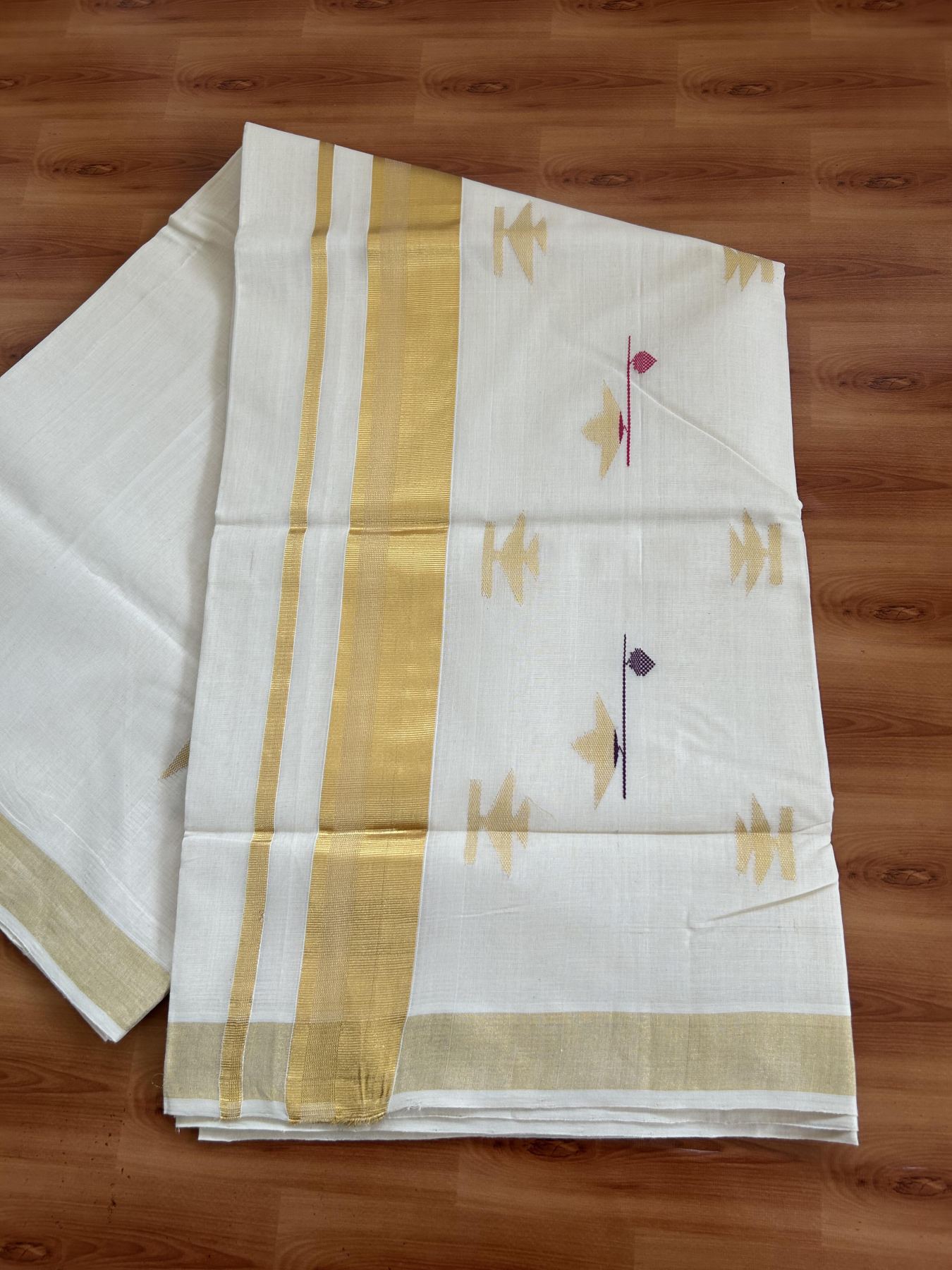 Kerala Saree for Women - 25% Discount KaithariKada Handloom Millpaav Balaramapuram - 100% Pure Cotton - 2.25 inch Gold Kasav Kara with Magenta & Wine purple Design - 4 KK7158 RAV