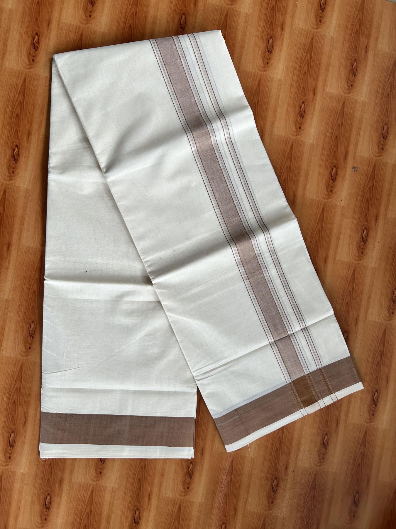 Double Off White (Unbleached) Mundu/Dhoti - 20% Discount! Kaitharikada Pure Cotton -100x80 - 1.75 Inch Silver Kasav & Light Brown Shaded Kara 4 mtr (8.5 muzham) - 103 KK5460 PMC