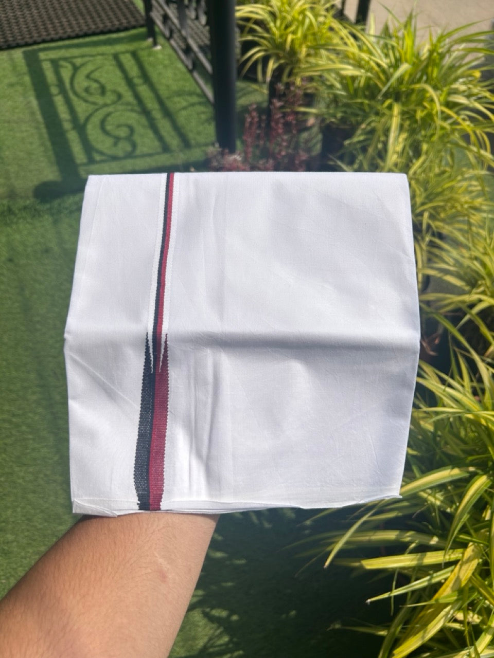 DMK Veshti - KaithariKada Balaramapuram 100% COTTON SINGLE PURE WHITE Mundu/Dhoti-100X100 - 0.5 Inch Puliyilakkara Maroon & Black Chutty (2 meter / 4 muzham) - 11KK5127ASH
