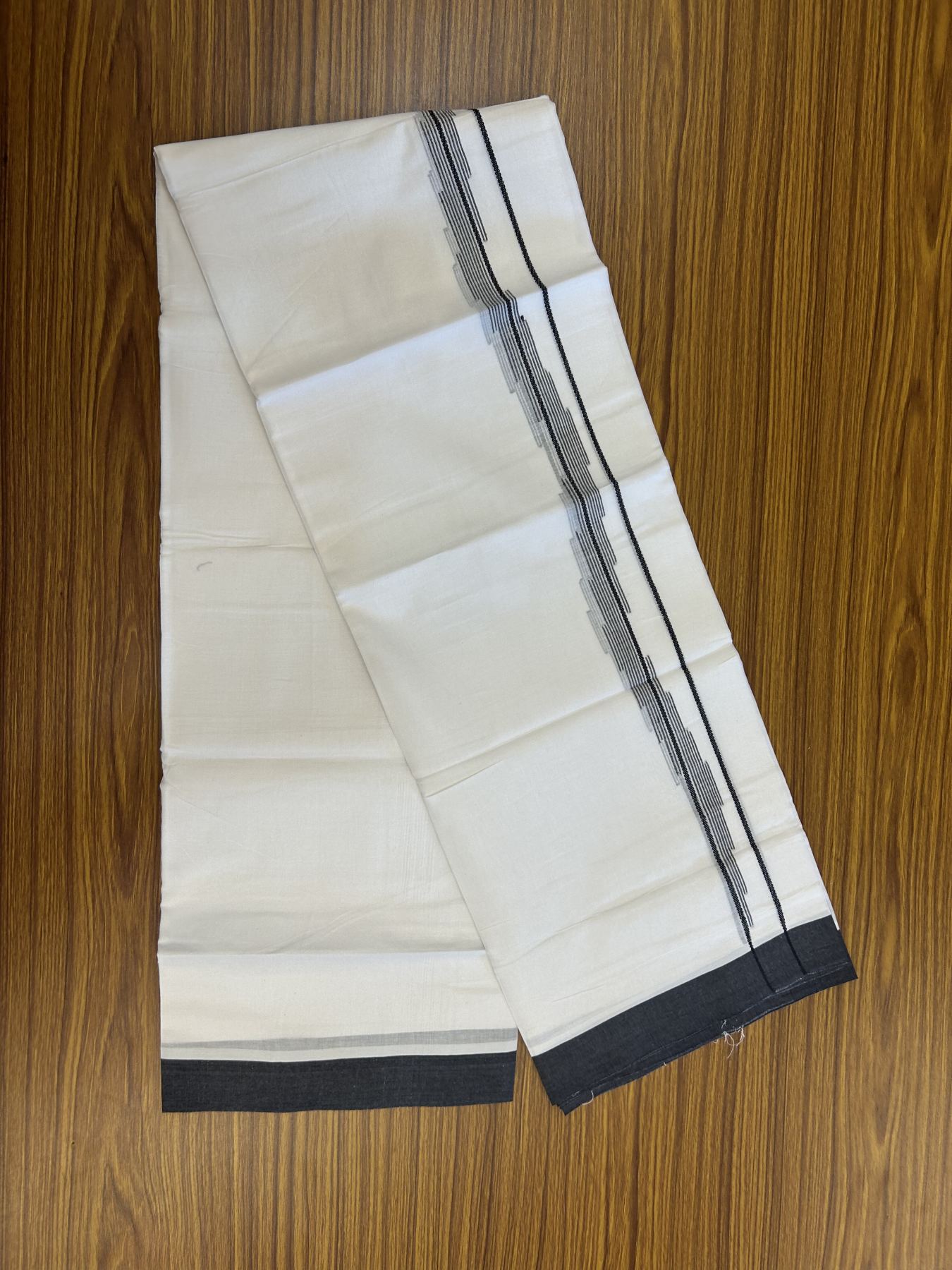 20% Discount ! Kaitharikada Balaramapuram 100% Cotton Pure White Double Mundu/Dothi - 100x80 - 0.75 inch Black Stripes Design Kara 3.80 mtr (8 muzham) - 32 KK5319 THI