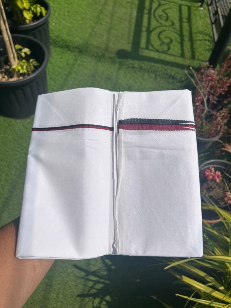 DMK Veshti - KaithariKada Balaramapuram 100% COTTON SINGLE PURE WHITE Mundu/Dhoti-100X100 - 0.5 Inch Puliyilakkara Maroon & Black Chutty (2 meter / 4 muzham) - 11KK5127ASH