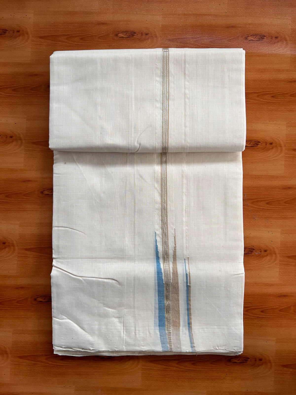 Off White (Unbleached) Double Mundu/Dhoti - 25% Discount!! Unakkupaav Kerala Handloom 100% Pure Cotton - 100X80 - 0.5 inch Puliyilakkara Silver Kasav Beige Brown & Blue Stripes Double Chutty 4 mtr (8.5 Muzham) - 25 KK5538 REA