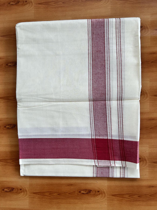 Double Off White (Unbleached) Mundu/Dhoti - 20% Discount! Kaitharikada Pure Cotton -100x80 - 1.75 Inch Silver Kasav & Maroon Shaded Kara 4 mtr (8.5 muzham) - 102 KK5460 PMC