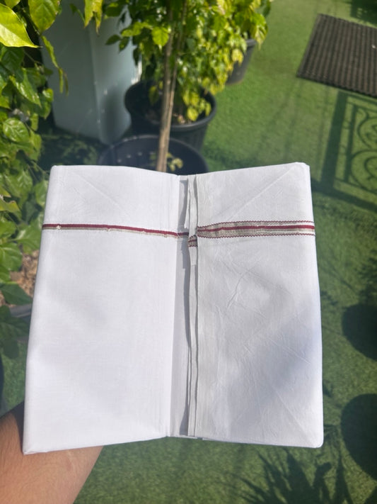 28% Discount!! KaithariKada Balaramapuram 100% COTTON SINGLE PURE WHITE & Mundu/Dhoti - 100X100 - 0.5 Inch Maroon & Silver Puliyilakkara Chutty (2 meter / 4 muzham) - 13KK5127ASH