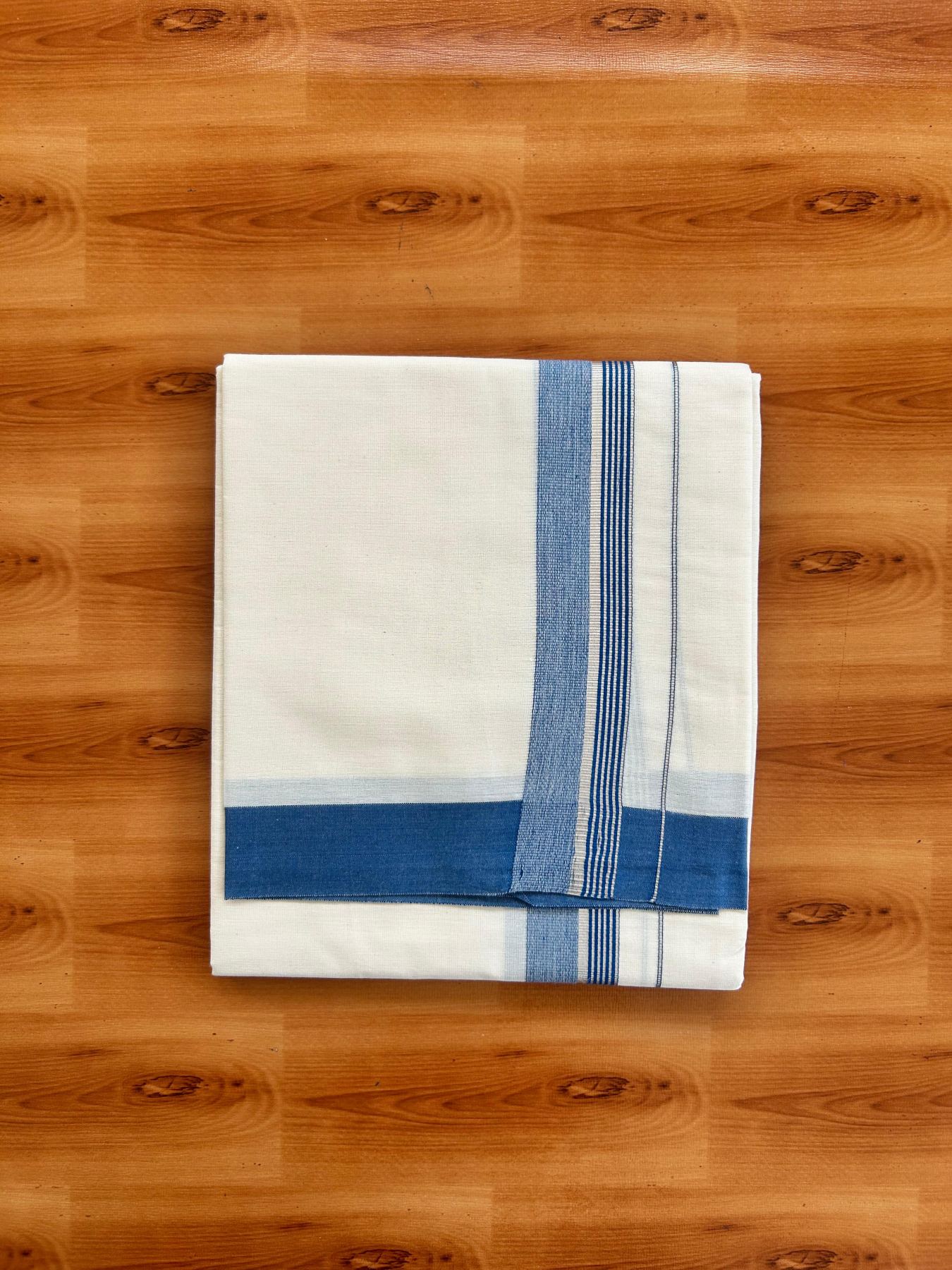 Short Dhoti Special - Off White (Unbleached) Single Mundu / Dhoti - KaithariKada Pure Cotton - 70x30 - 45 inch Height 1.80 m Length - 1.25 inch Blue shaded Silver striped kara - 4 KK5494 PMC