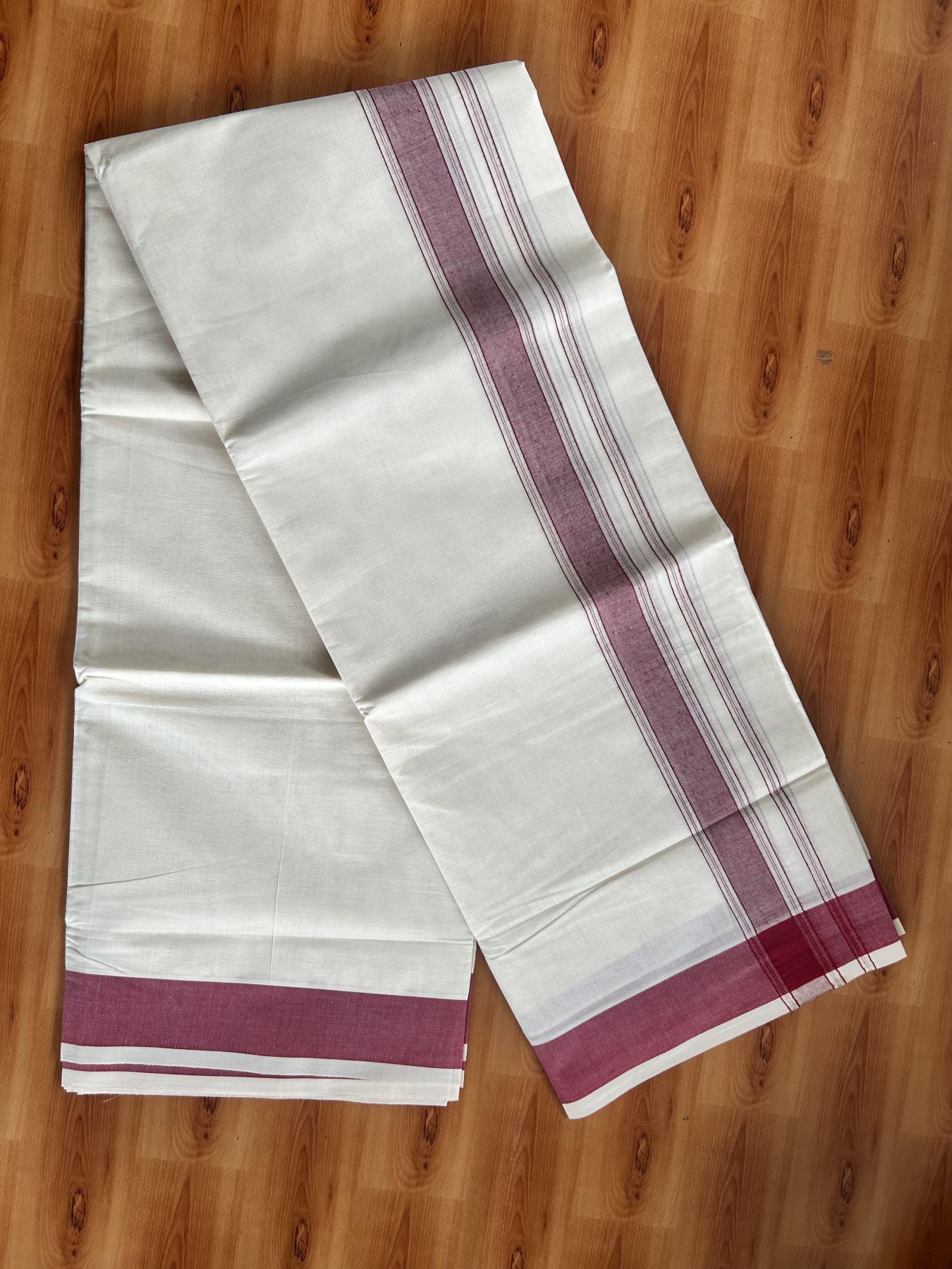 Double Off White (Unbleached) Mundu/Dhoti - 20% Discount! Kaitharikada Pure Cotton -100x80 - 1.75 Inch Silver Kasav & Maroon Shaded Kara 4 mtr (8.5 muzham) - 102 KK5460 PMC