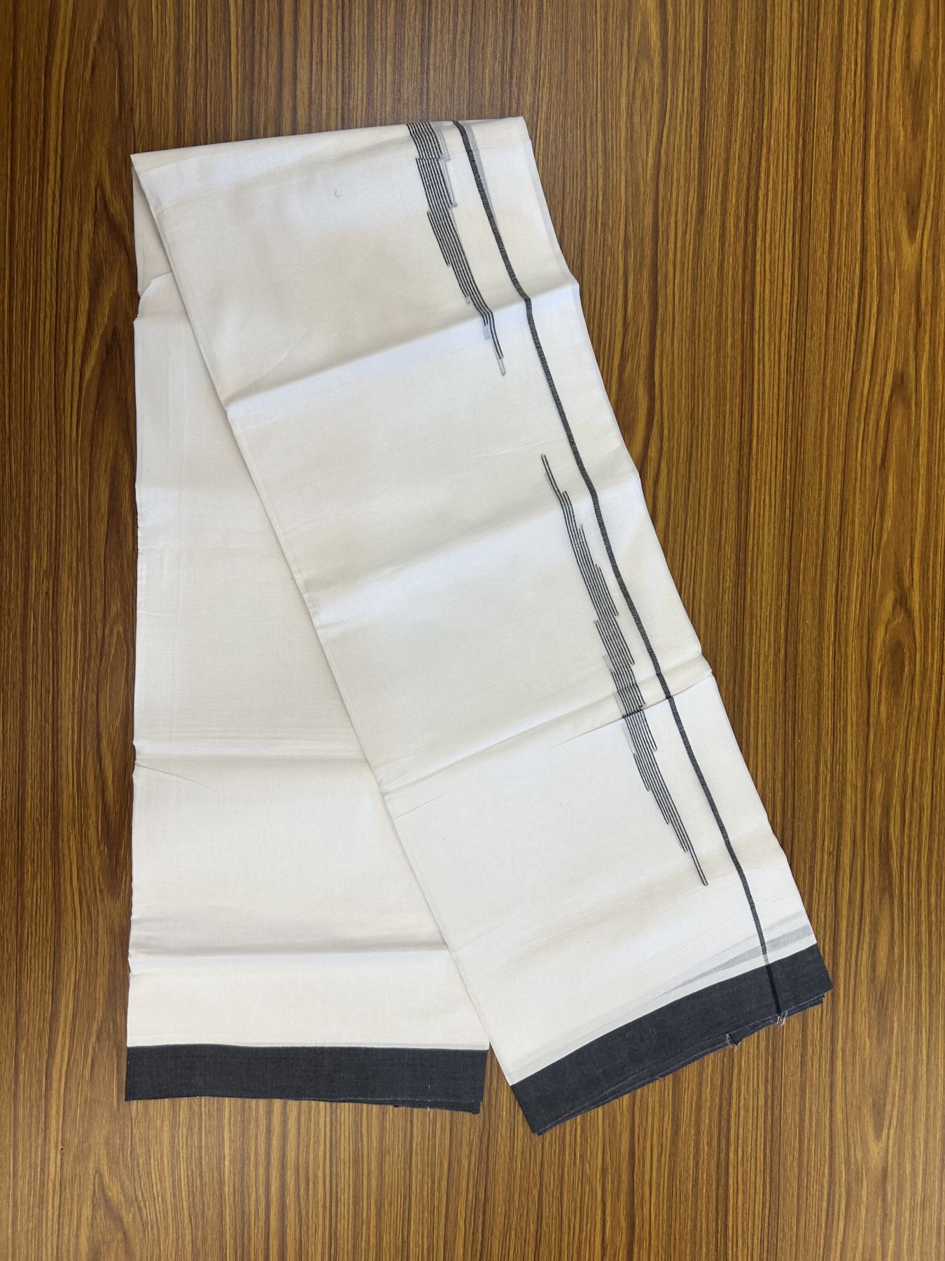 20% Discount ! Kaitharikada Balaramapuram 100% Cotton Pure White Double Mundu/Dothi - 100x80 - 0.75 inch Black Stripes Design Kara 3.80 mtr (8 muzham) - 35 KK5319 THI
