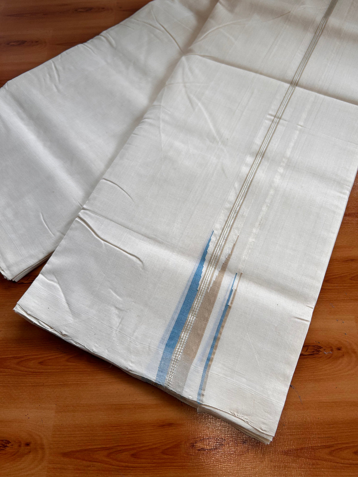 Off White (Unbleached) Double Mundu/Dhoti - 25% Discount!! Unakkupaav Kerala Handloom 100% Pure Cotton - 100X80 - 0.5 inch Puliyilakkara Silver Kasav Beige Brown & Blue Stripes Double Chutty 4 mtr (8.5 Muzham) - 25 KK5538 REA