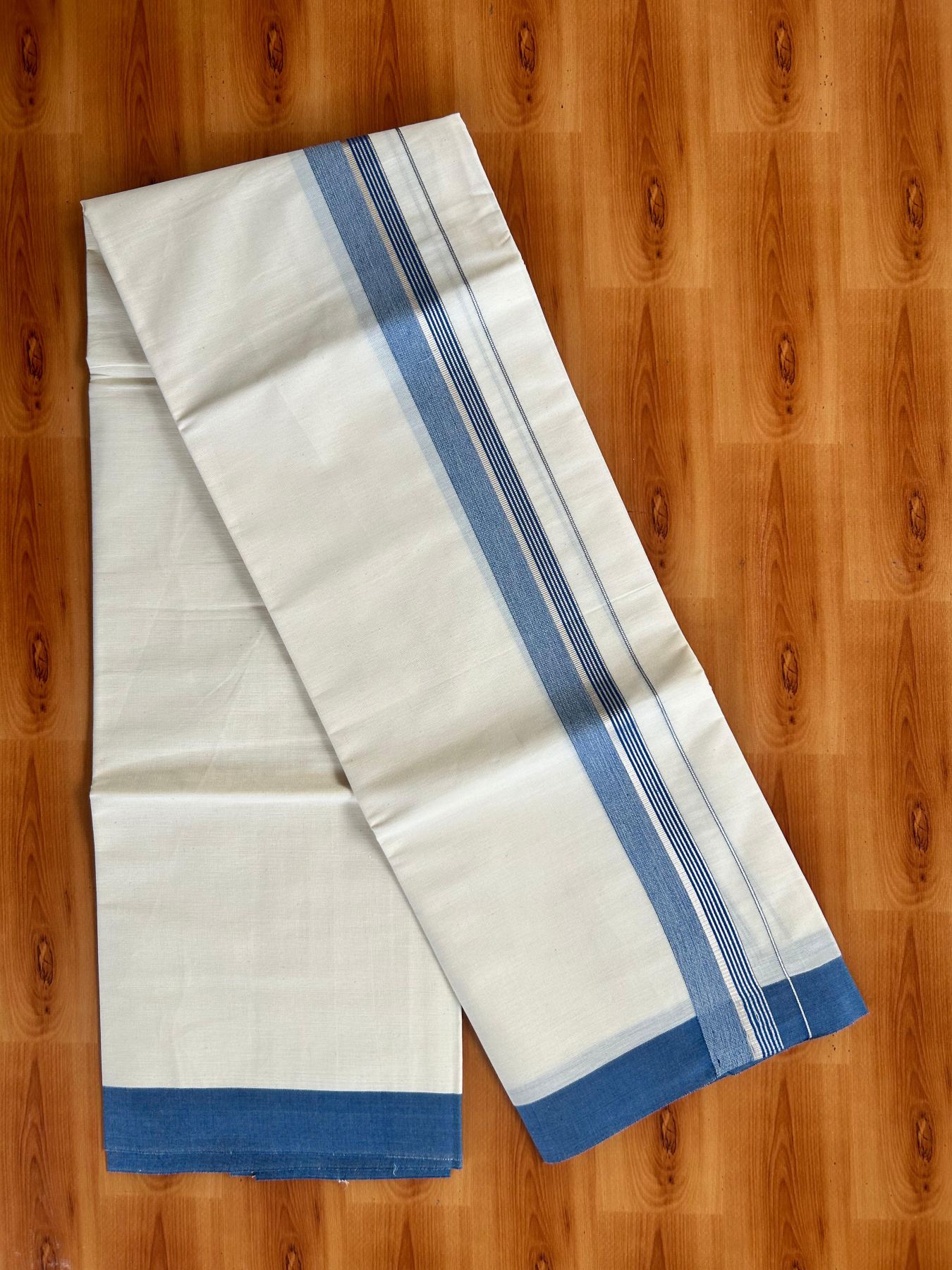 Short Dhoti Special - Off White (Unbleached) Single Mundu / Dhoti - KaithariKada Pure Cotton - 70x30 - 45 inch Height 1.80 m Length - 1.25 inch Blue shaded Silver striped kara - 4 KK5494 PMC