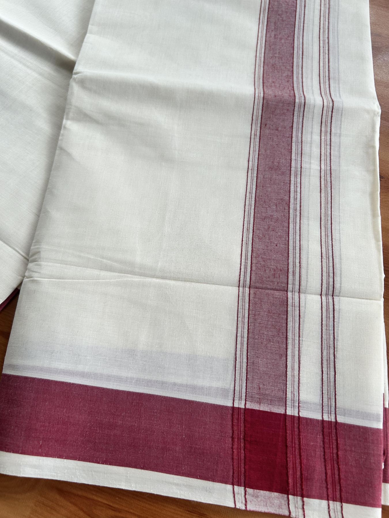Double Off White (Unbleached) Mundu/Dhoti - 20% Discount! Kaitharikada Pure Cotton -100x80 - 1.75 Inch Silver Kasav & Maroon Shaded Kara 4 mtr (8.5 muzham) - 102 KK5460 PMC