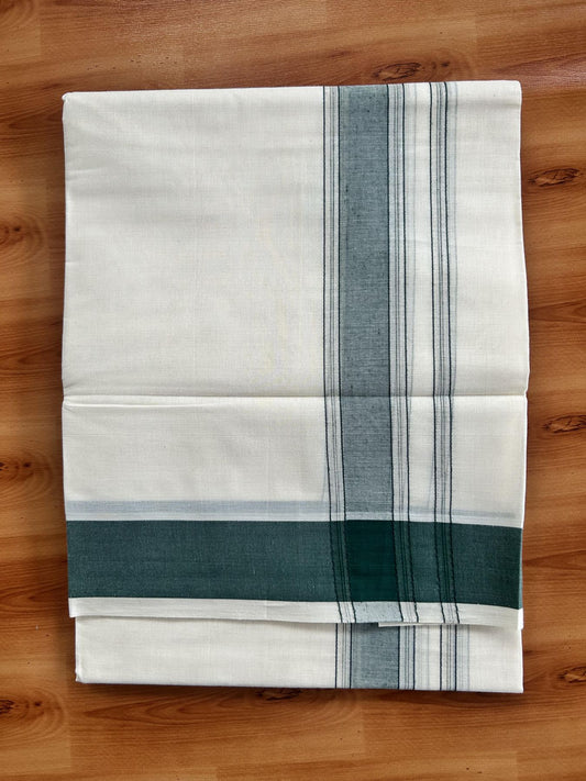 Double Off White (Unbleached) Mundu/Dhoti - 20% Discount! Kaitharikada Pure Cotton -100x80 - 1.75 Inch Silver Kasav & Green Shaded Kara 4 mtr (8.5 muzham) - 101 KK5460 PMC